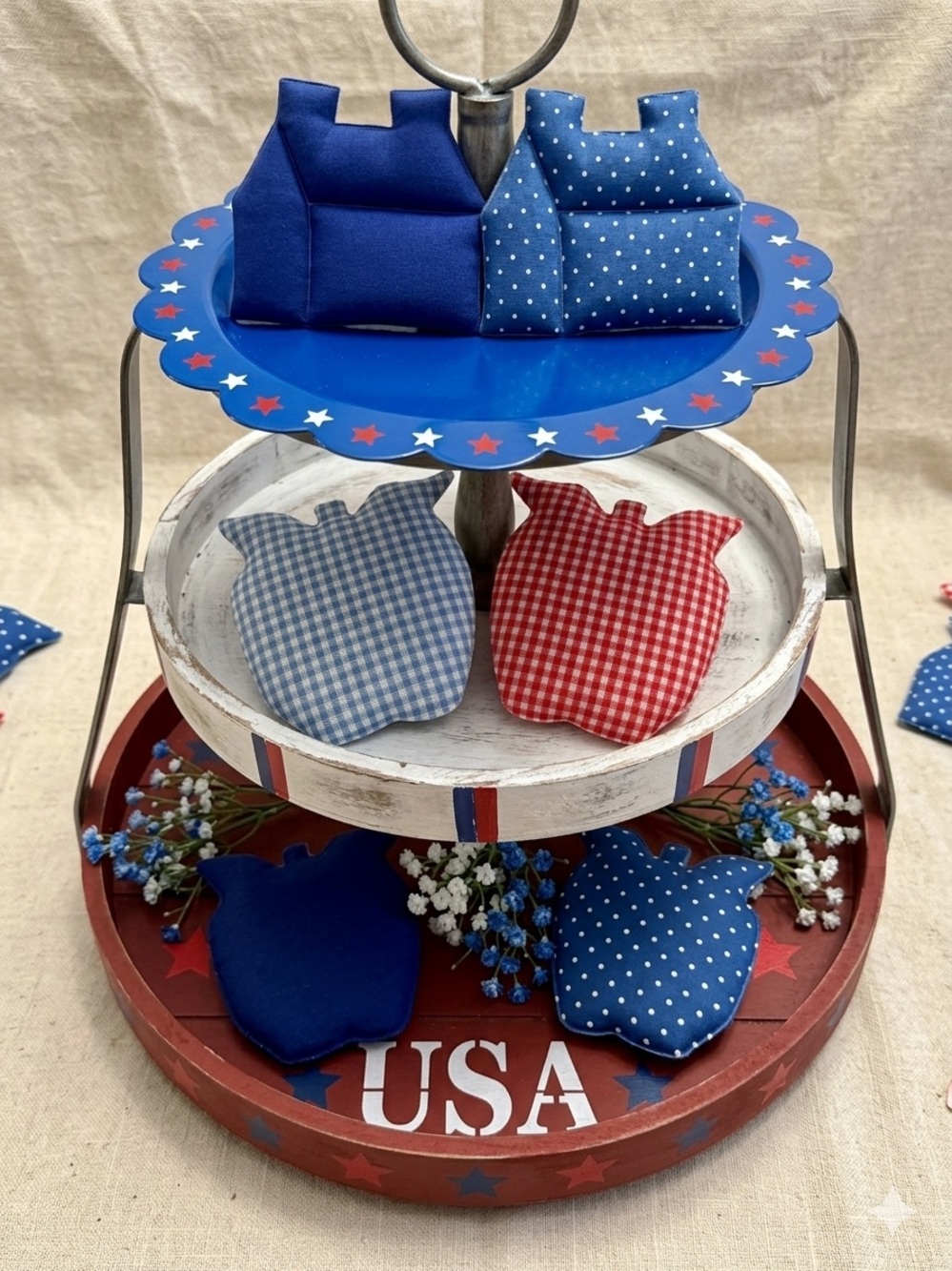 6 Piece Set Red, Apples & Houses Fabric Accent Set. Red, white, and blue